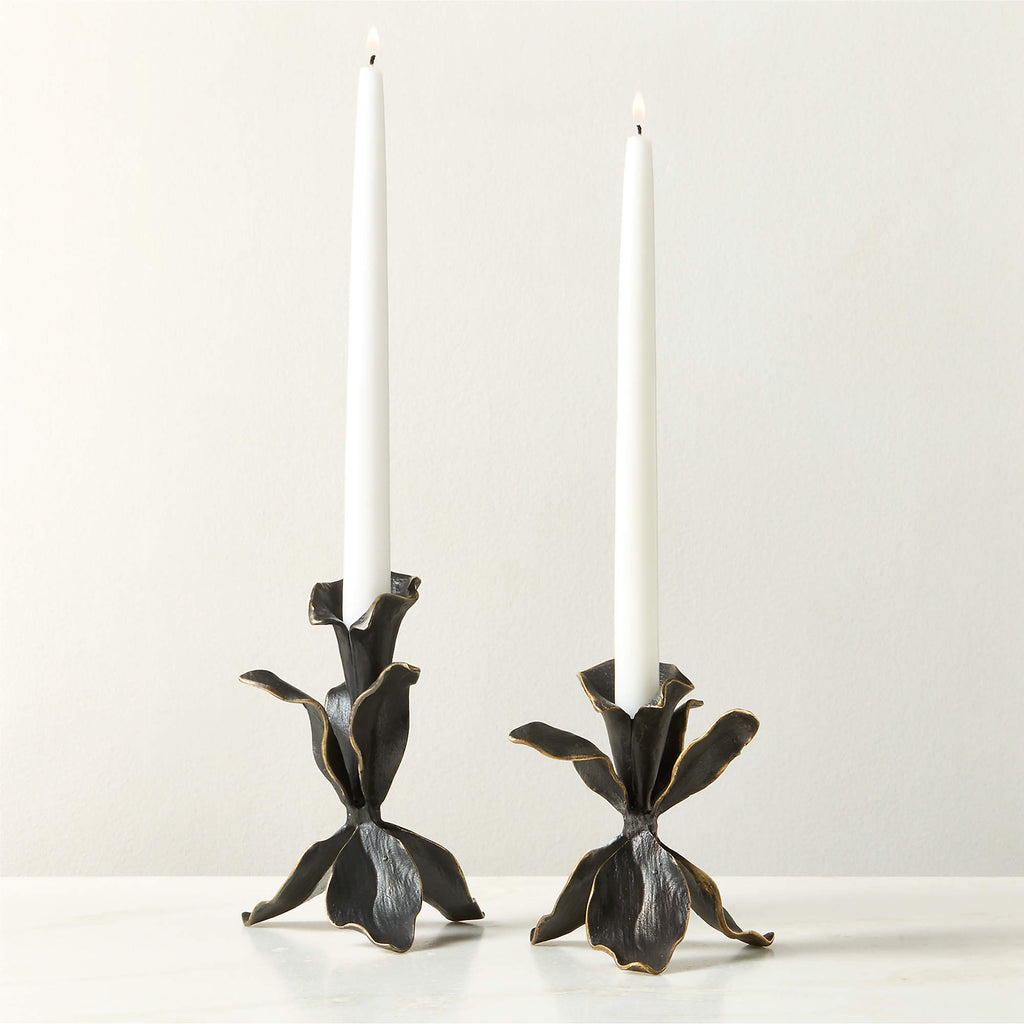 Iris Blackened Brass Taper Candle Holder With Timeless Elegance