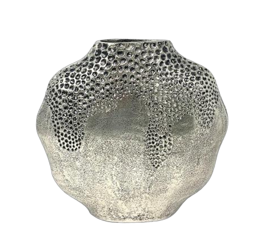 Silver Textured Metal Vase With Rounded Sculptural Design