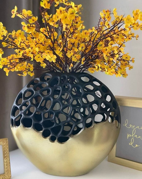 Black Gold Openwork Metal Sculptural Decorative Vase